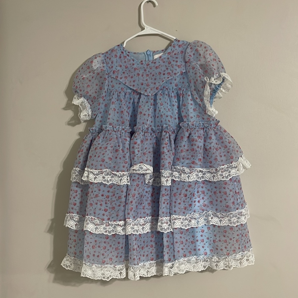 Selkie blue rose bud floral babydoll mini puff sleeve lace dress xsmall